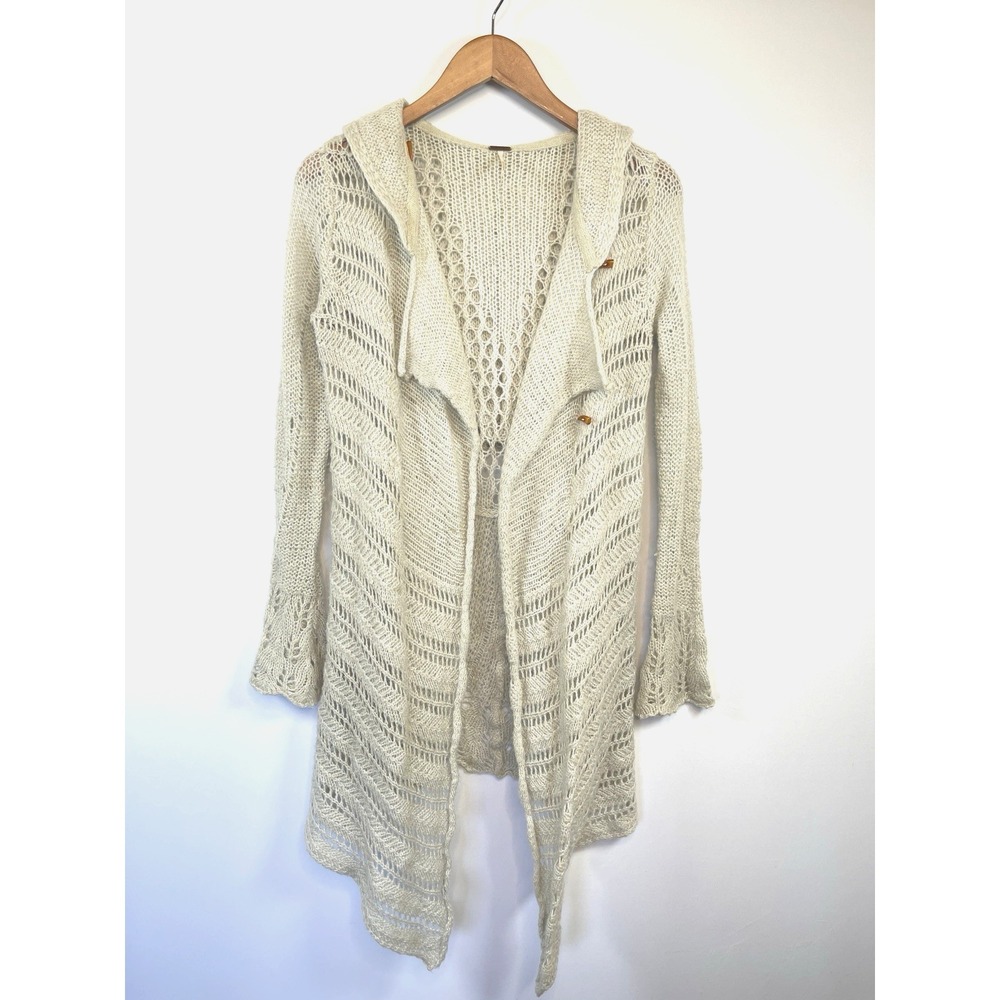 Free People Womens Open Knit Hooded Boho Cardigan Size S Cream/Gray Soft Girl‎